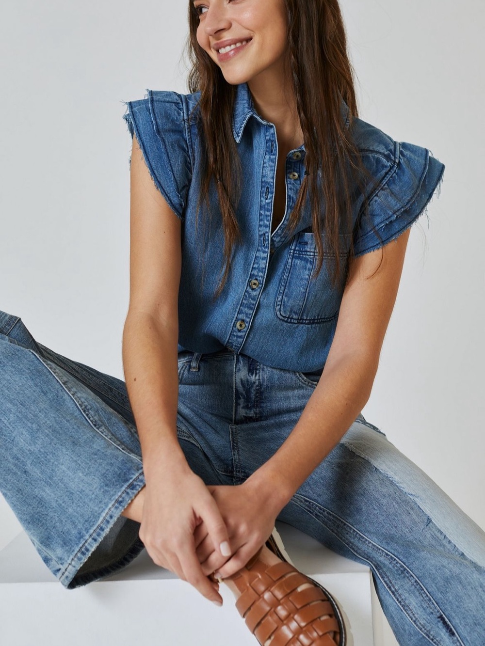 NWT Pilcro Anthropologie Denim Short Sleeve With Ruffles Top- XL